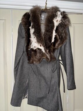 Gianfranco Ferré Coat IT 46 US M Gray Wool Jacket Fur Trim Marmot Rabbit Italy